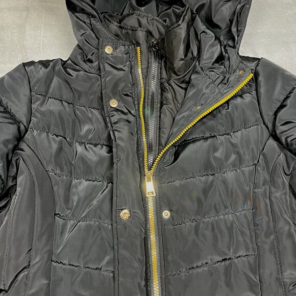 Bebe Long Black Puffer Coat Belted Gold Accents Womens L Double Zipper Hooded - Picture 4 of 16